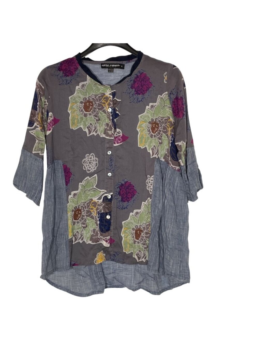 Little Journeys Chicago Floral Chambray Gauzy Semi Sheer Top Sz SM Boho